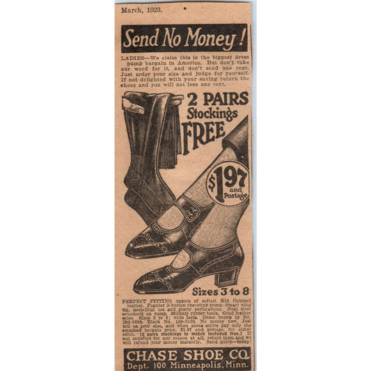 Chase Shoe Co. Stockings Offer Minneapolis MN 1923 Magazine Ad Clip AE1-2