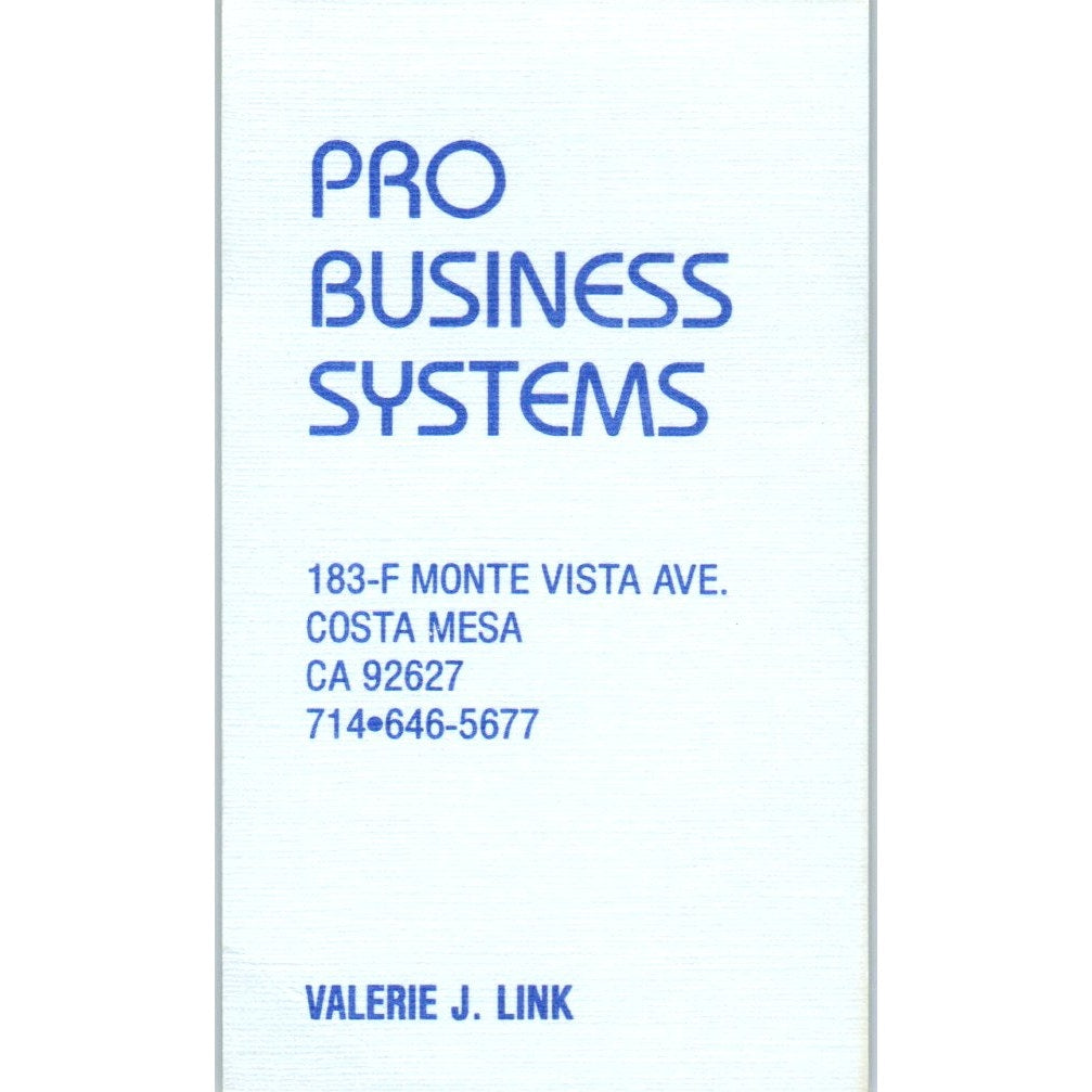 Valerie J. Link Pro Business Systems Costa Mesa CA Vintage Business Card SE3-B4