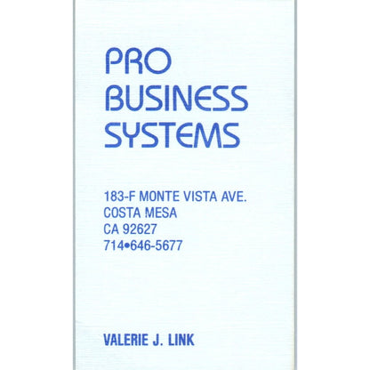 Valerie J. Link Pro Business Systems Costa Mesa CA Vintage Business Card SE3-B4