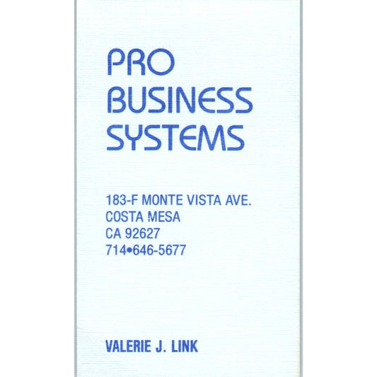 Valerie J. Link Pro Business Systems Costa Mesa CA Vintage Business Card SE3-B4
