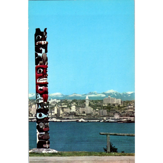 Indian Totem Pole and Puget Sound Seattle Skyline Vintage Postcard PD9