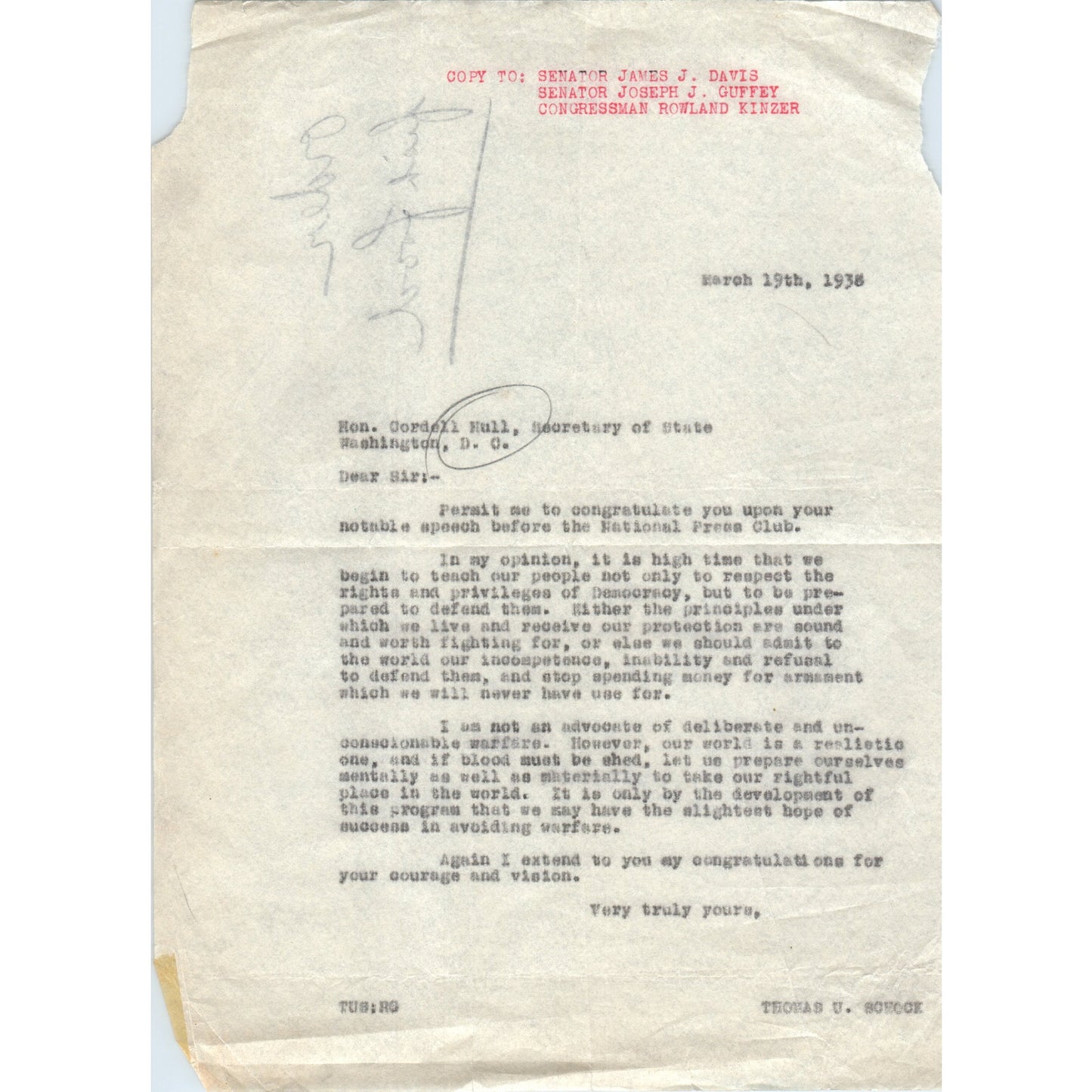 1938 Letter Cordell Hull Secretary of State, Senator James Davis, Guffey D18