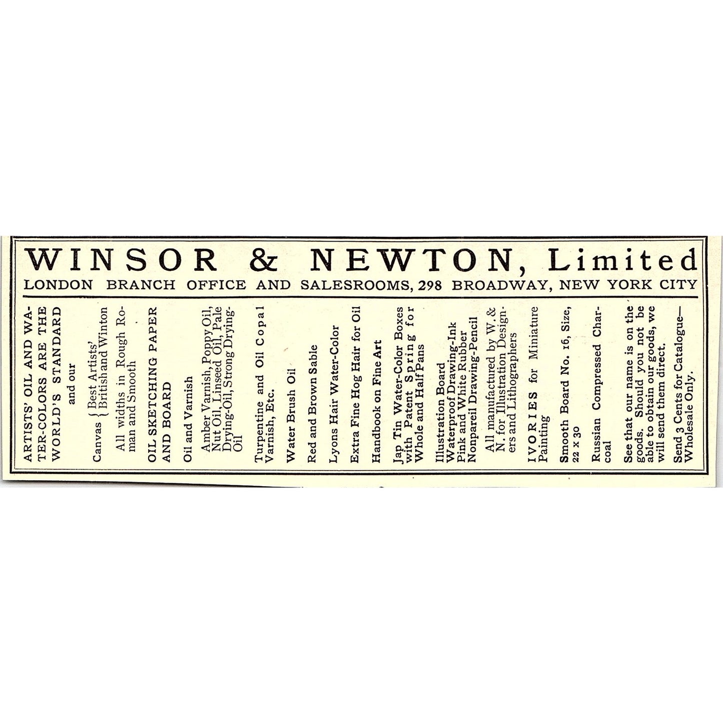 Winsor & Newton Ltd Art Supplies Broadway New York City - 1908 Ad AF4-3