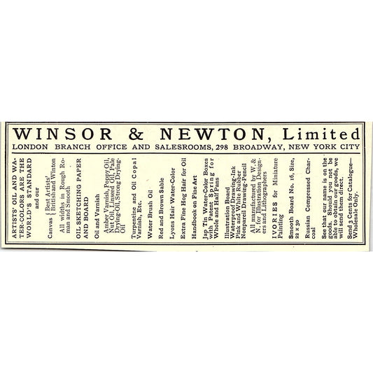 Winsor & Newton Ltd Art Supplies Broadway New York City - 1908 Ad AF4-3