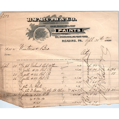 1901 B.F. Ruth & Co Paints Reading PA Original Billhead Letterhead Receipt AE7-1