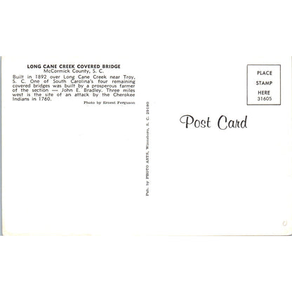 Long Cane Creek Bridge McCormick County SC Covered Bridge Postcard PB13