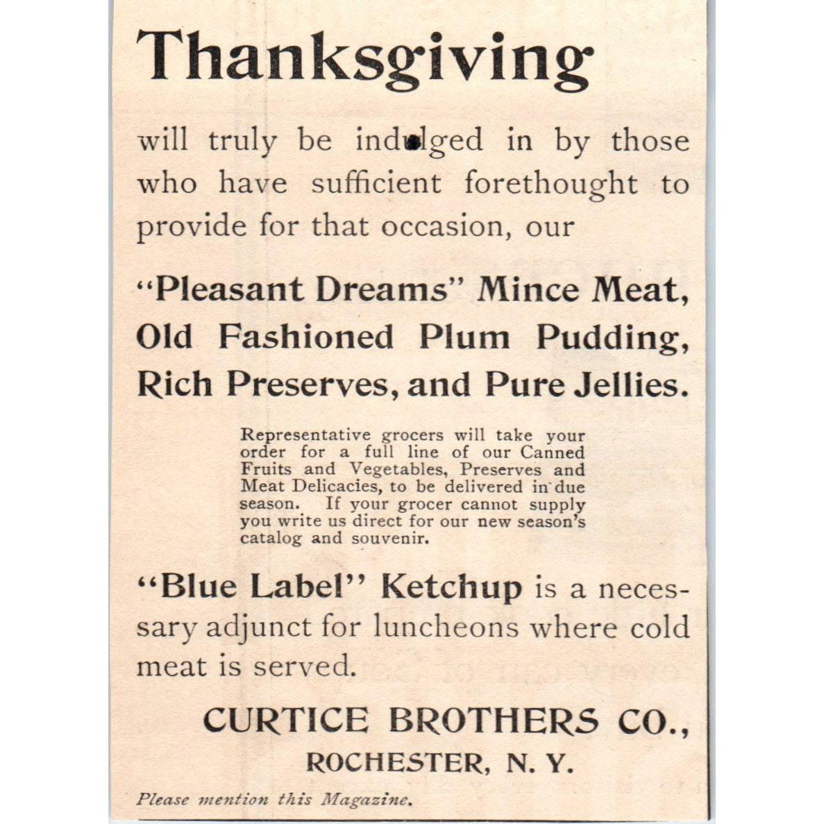 Curtice Brothers Co Blue Label Ketchup Rochester NY 1892 Magazine Ad AK6-M1
