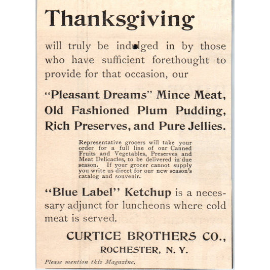 Curtice Brothers Co Blue Label Ketchup Rochester NY 1892 Magazine Ad AK6-M1