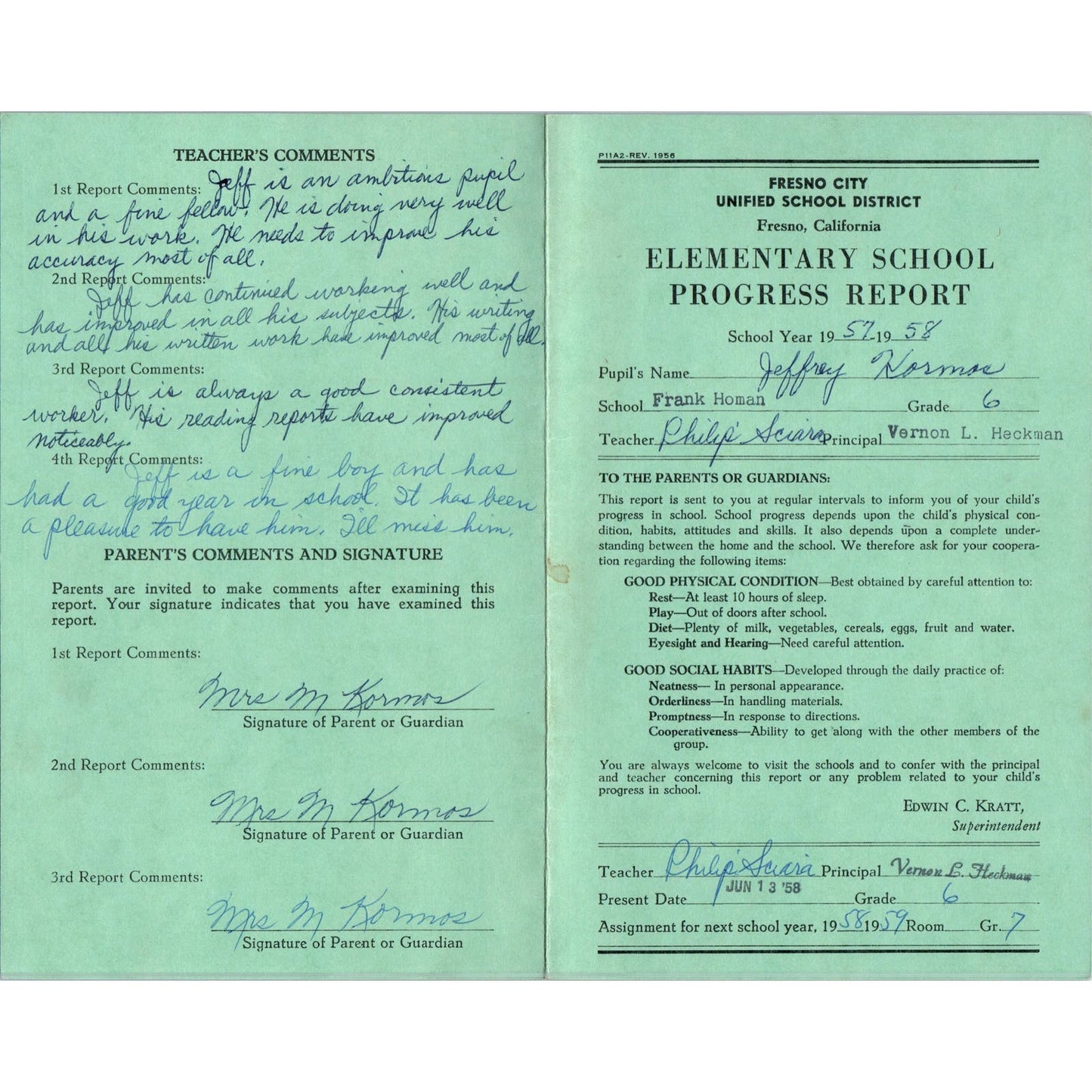 1957-58 Fresno City Schools Fresno CA Report Card Jeffrey Kormos Grade 6 AB9