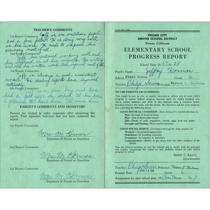 1957-58 Fresno City Schools Fresno CA Report Card Jeffrey Kormos Grade 6 AB9