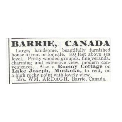 Barrie Canada Home Lake Joseph Muskoka Wm. Ardagh 1903 Magazine Ad AF7-SS3