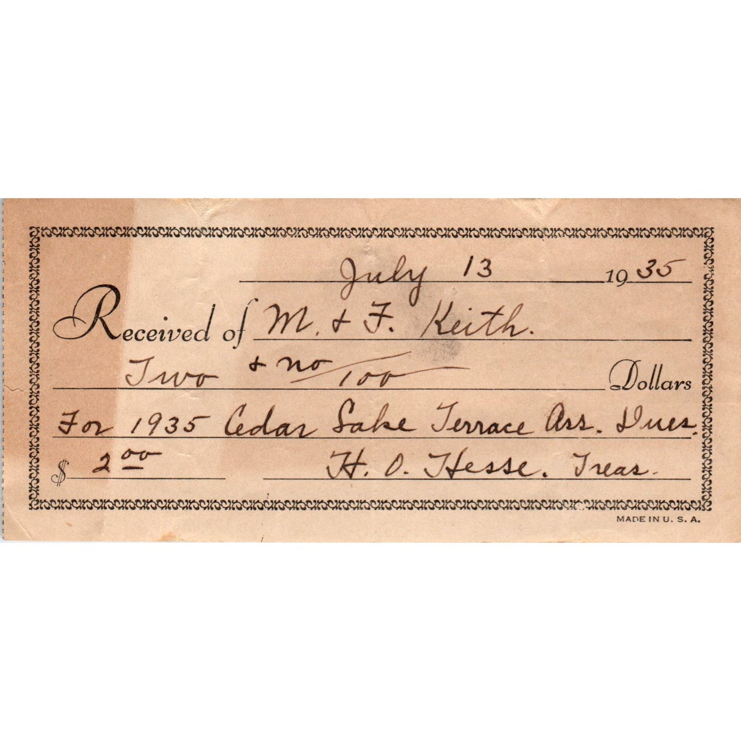 1935 Bank Check M & H Keith Cedar Lake Terrace Association Dues H.O. Hese AE7