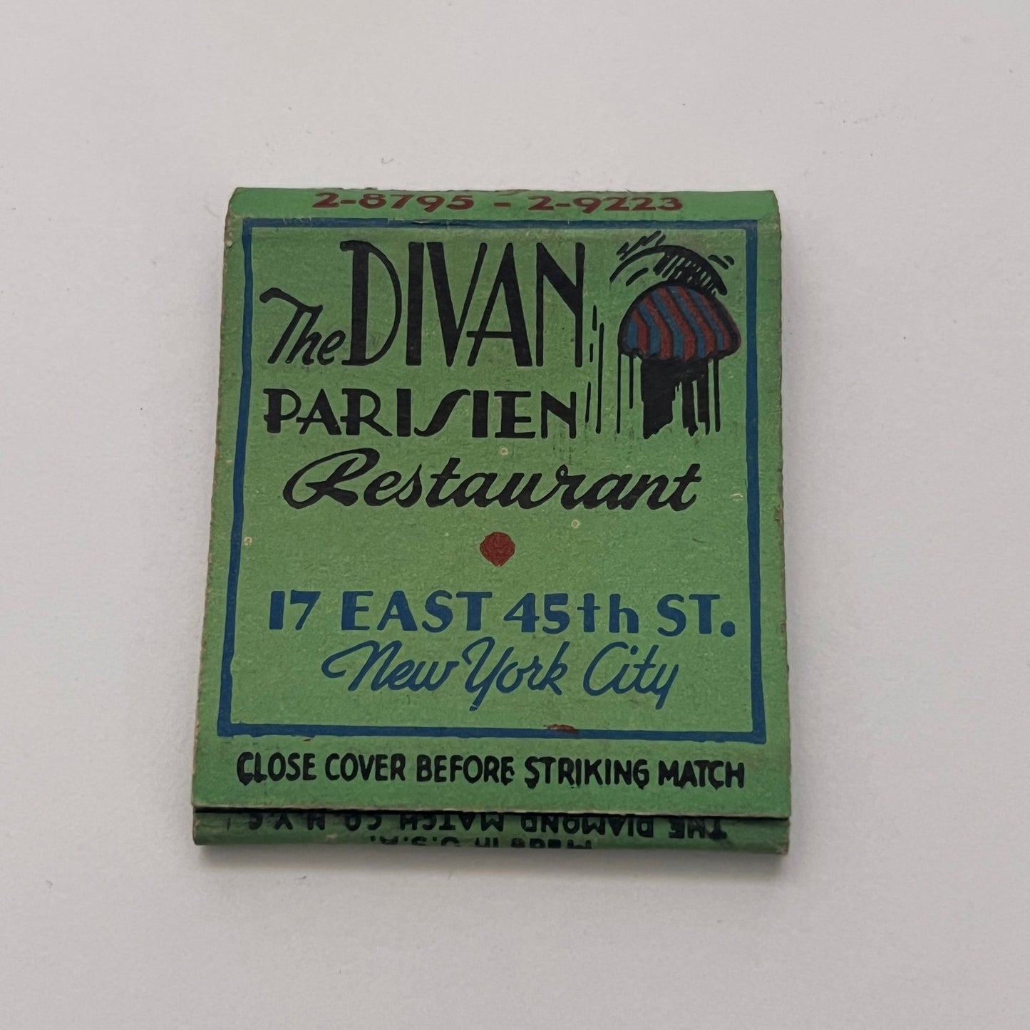 The Divan Parisien Restaurant 45th St. NYC NY Vintage Matchbook Cover TB8-MB-1