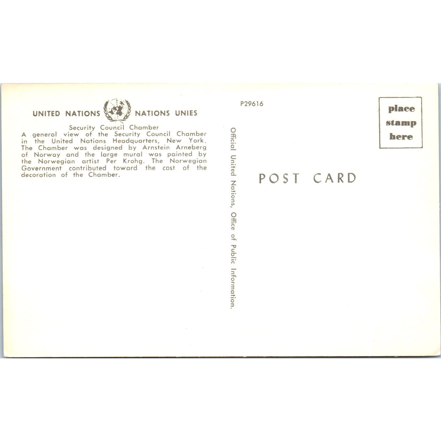 United Nations Security Council Chamber Vintage Postcard PE4