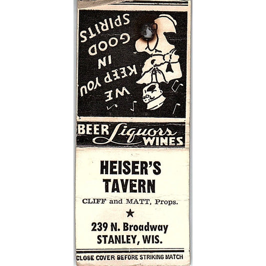 Heiser's Tavern Cliff & Matt Stanley WI Vintage Matchbook Cover SC7-Y7