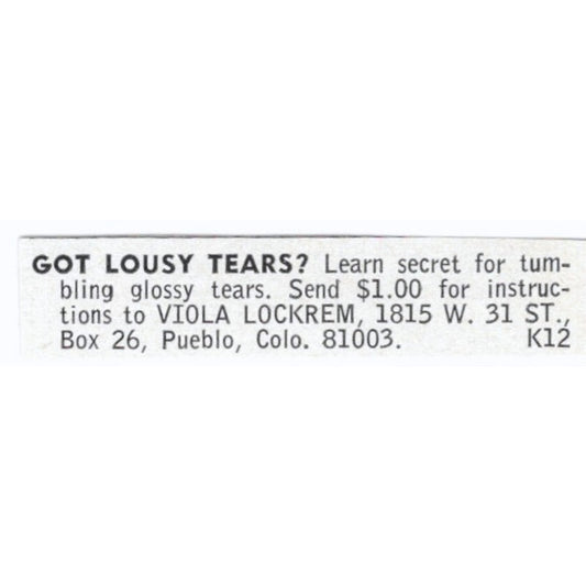 Viola Lockrem Glossy Tear Tumbling Pueblo Colorado 1964 Magazine Ad AB6-LJS9