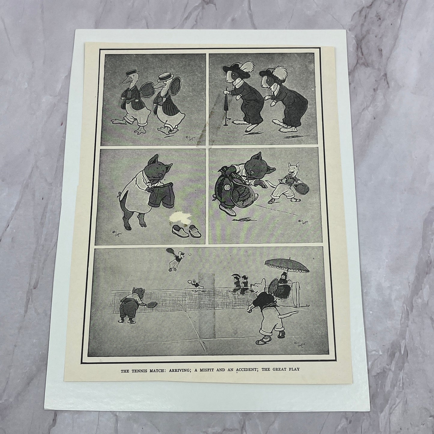 Antique c1920s Comic Cartoon The Tennis Match Anthropomorphic Animals V18