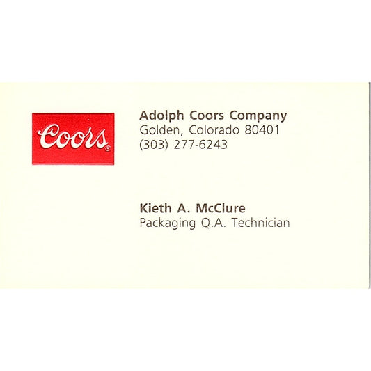Kieth A McClure Adolph Coors Co Golden CO Vintage Business Card SD9-B5