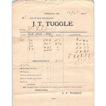 J.T. Tuggle Cotton Tallapoosa GA 1905 Original Billhead Letterhead Receipt D8-LL