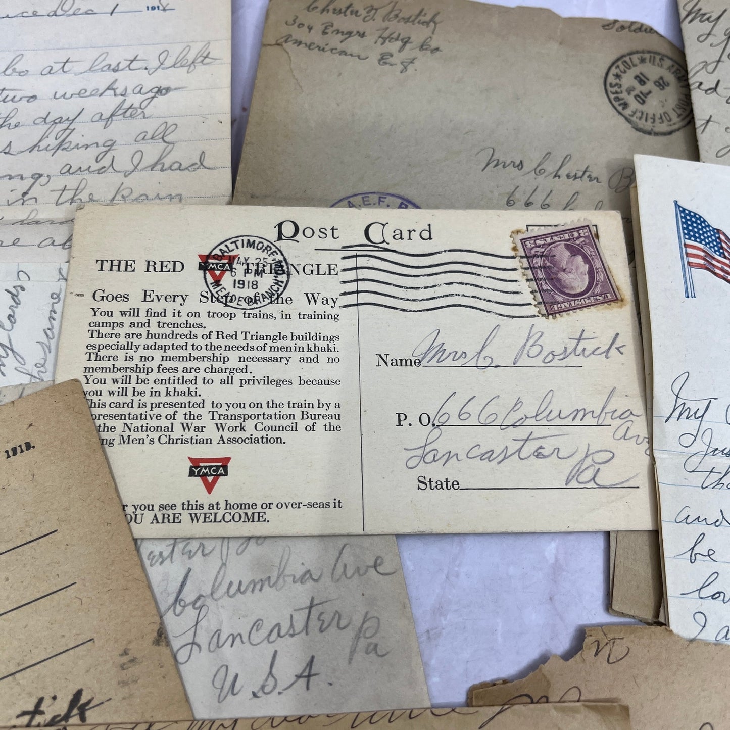 Huge Lot 1918 WWI Letters Ephemera Chester Bostwick 304 Engineers Lancaster TA9