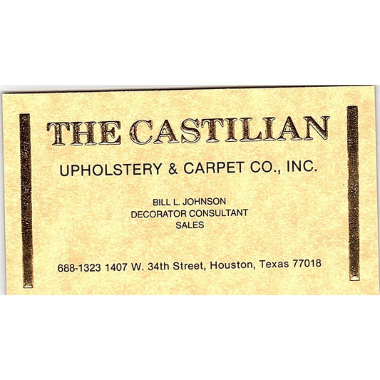 The Castilian Upholstery & Carpet Bill L Johnson Houston TX Business Card SF3-B6