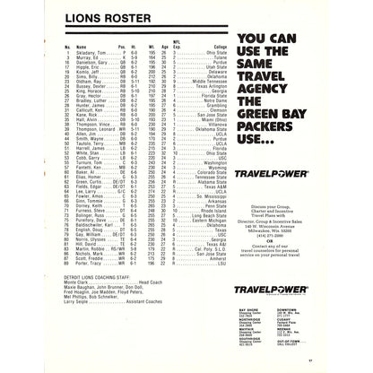 1981 Green Bay Packers Vs. Detroit Lions Gameday Roster Fold Out 8x11" 1981 D26