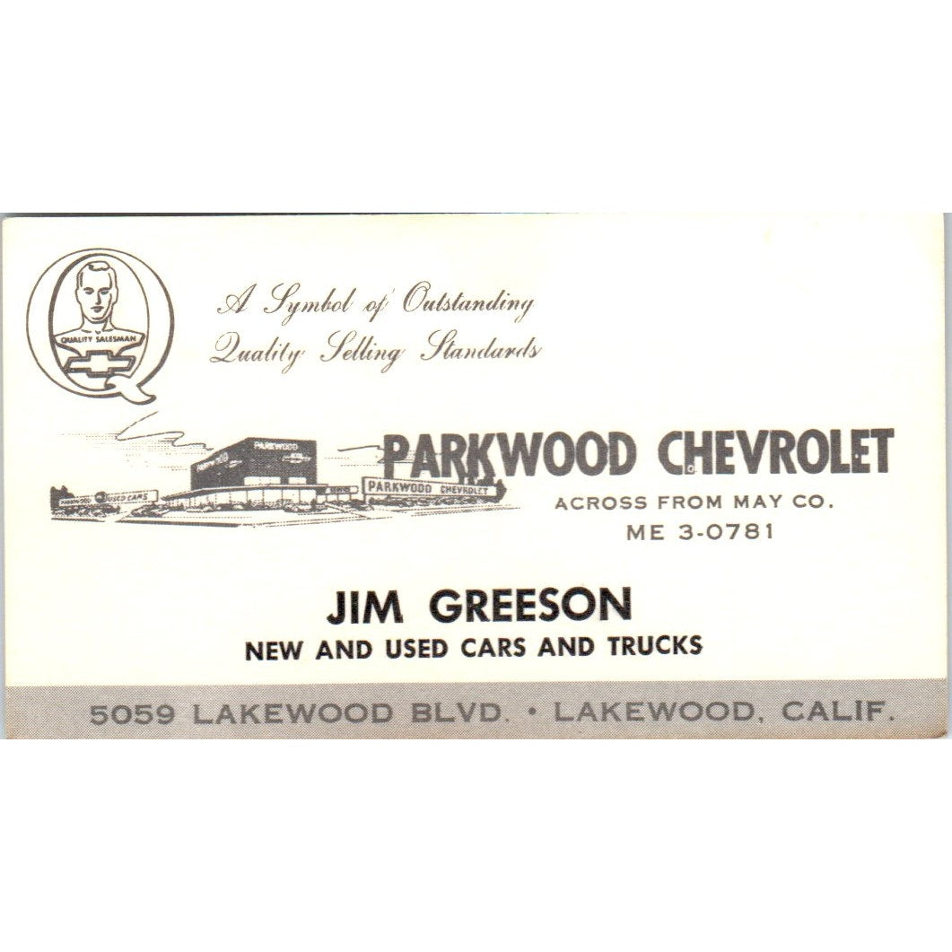 Jim Greeson Parkwood Chevrolet Lakewood CA Vintage Business Card SE3-B7