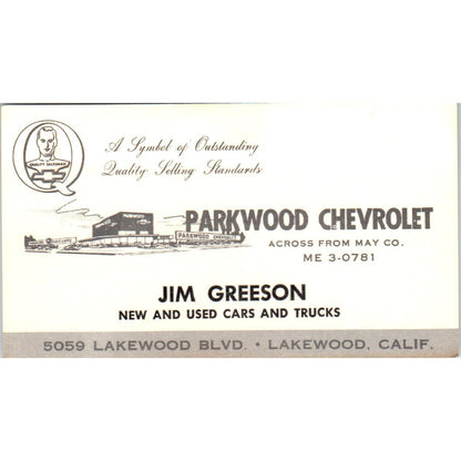 Jim Greeson Parkwood Chevrolet Lakewood CA Vintage Business Card SE3-B7