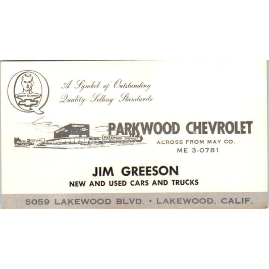 Jim Greeson Parkwood Chevrolet Lakewood CA Vintage Business Card SE3-B7