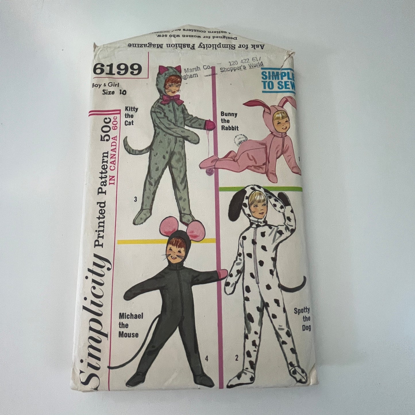 1960s Simplicity 6199 Unisex Childs Size 10 Costume dog cat mouse pattern L1-4