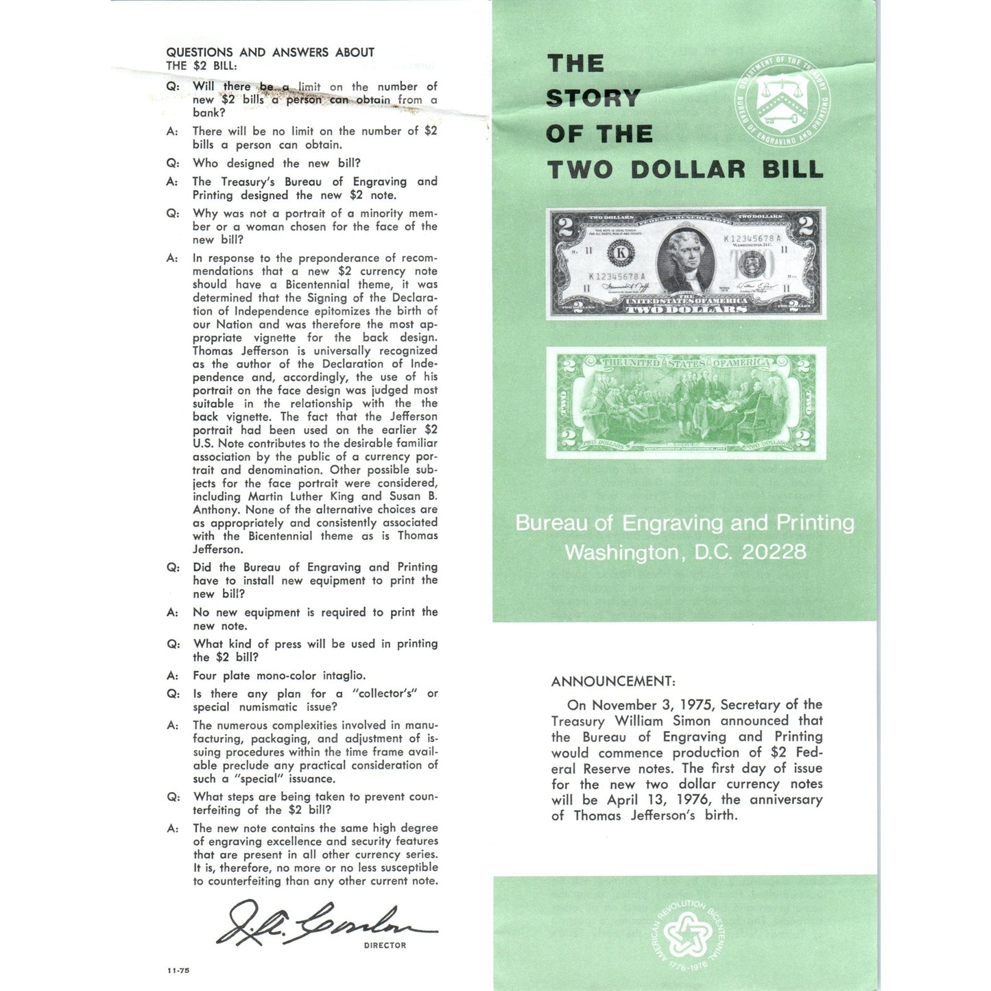 1975 The Story of the Two Dollar Bill Information Pamphlet TF4-BD