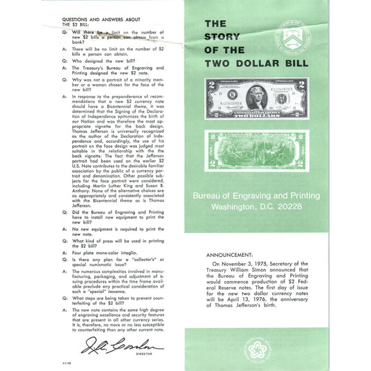 1975 The Story of the Two Dollar Bill Information Pamphlet TF4-BD