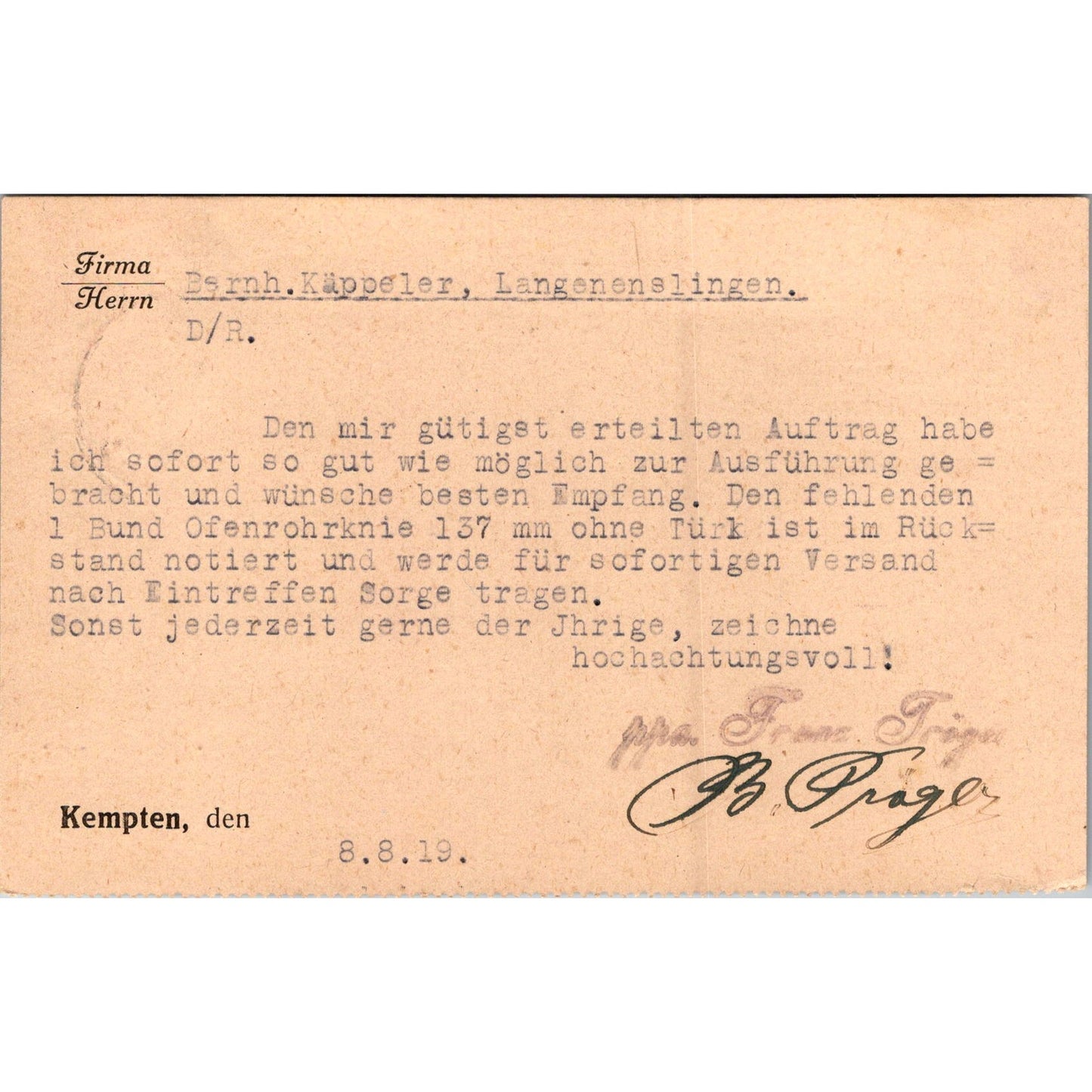 Franz Tröger Eisengroßhandlung Kempten Allgäu 1919 German Reich Postcard TE2-GRP