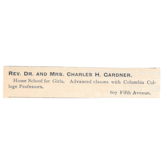 Rev. Dr. and Mrs. Charles H. Gardner Girls School 5th Ave NY 1892 Ad AK6-S5