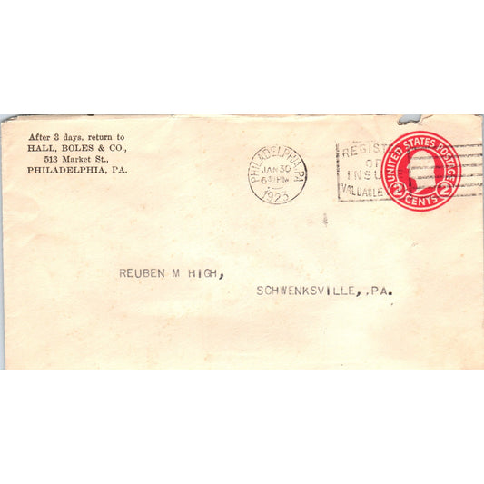 1923 Hall, Boles & Co Philadelphia to Reuben High Schwenksville Envelope TG7-PC2