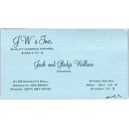 JW's Women's Apparel Jack & Gladys Wallace Mankato MN Vtg Business Card SE5-B5