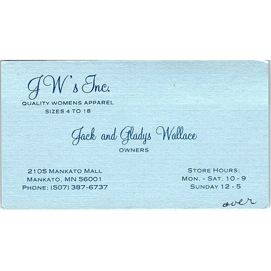 JW's Women's Apparel Jack & Gladys Wallace Mankato MN Vtg Business Card SE5-B5