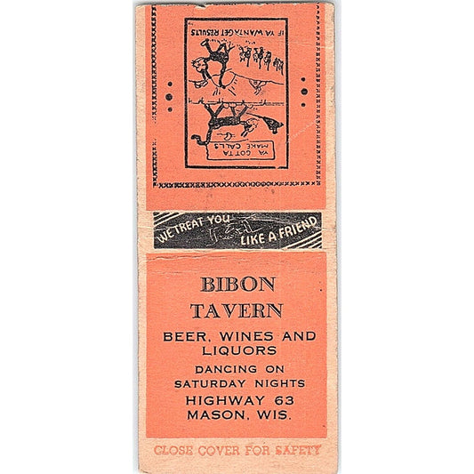Bibon Tavern Hwy 63 Mason WI Vintage Matchbook Cover SC7-Y2