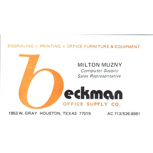 Milton Munzy Beckman Office Supply Houston TX Vintage Business Card SE3-B5