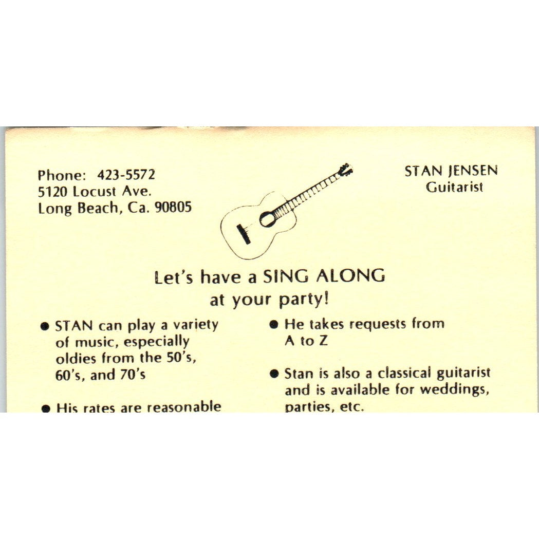 Stan Jensen Guitarist Long Beach CA Vintage Business Card SD8-B20
