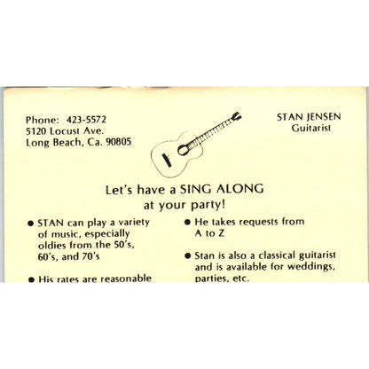 Stan Jensen Guitarist Long Beach CA Vintage Business Card SD8-B20