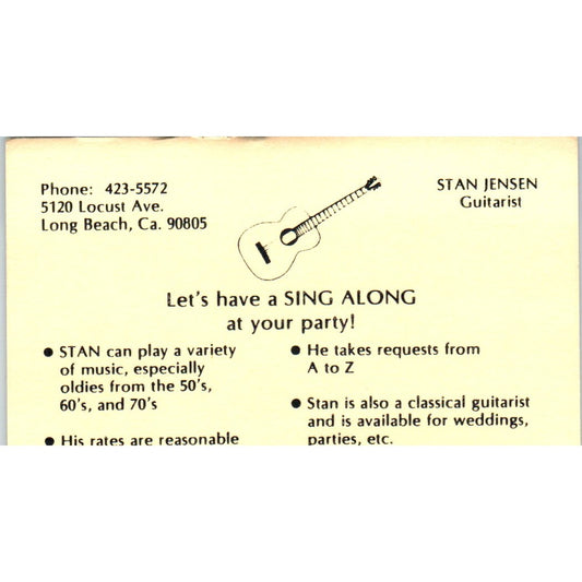 Stan Jensen Guitarist Long Beach CA Vintage Business Card SD8-B20