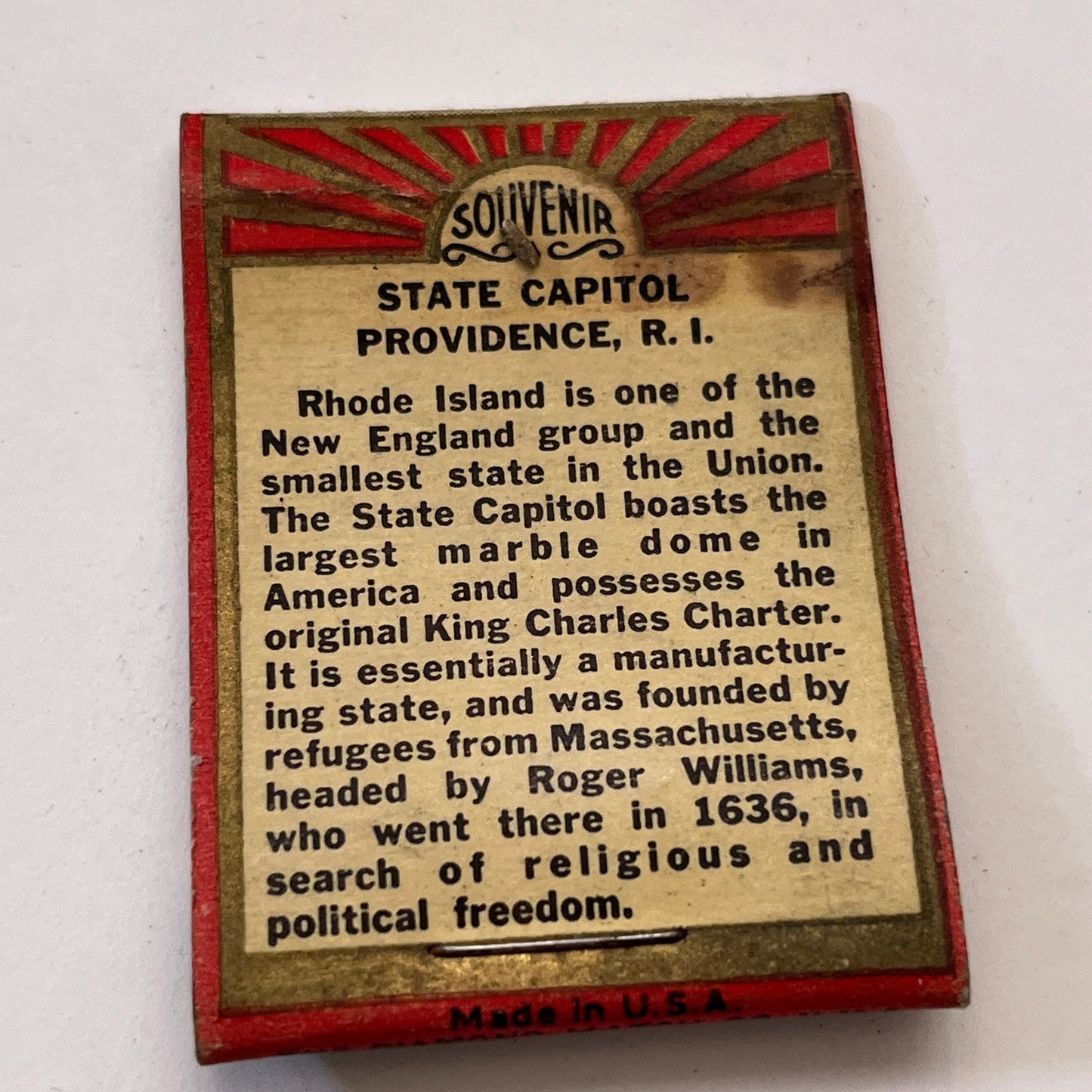 State Capitol Providence Rhode Island Vintage Matchbook Cover TB8-MB3-10