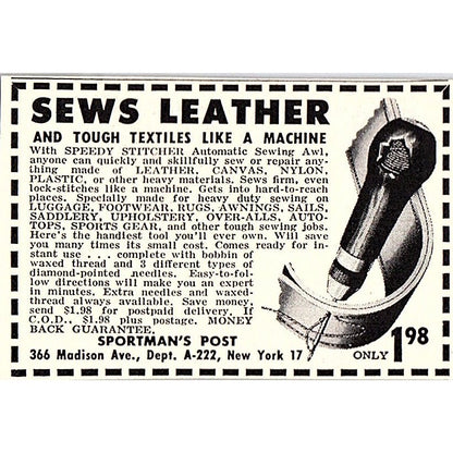 Speedie Stitcher Sews Leather Sportsman's Post New York 1955 Ad AF9-S7