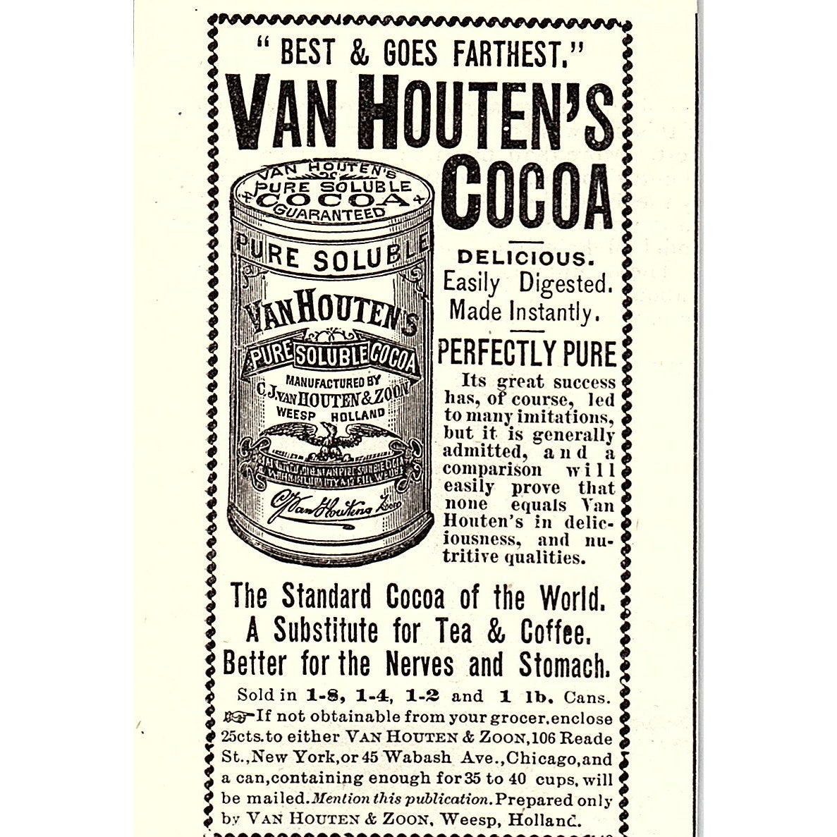 Van Houten's Cocoa - Van Houten & Zoon Weesp Holland 1892 Ad AG2-M11