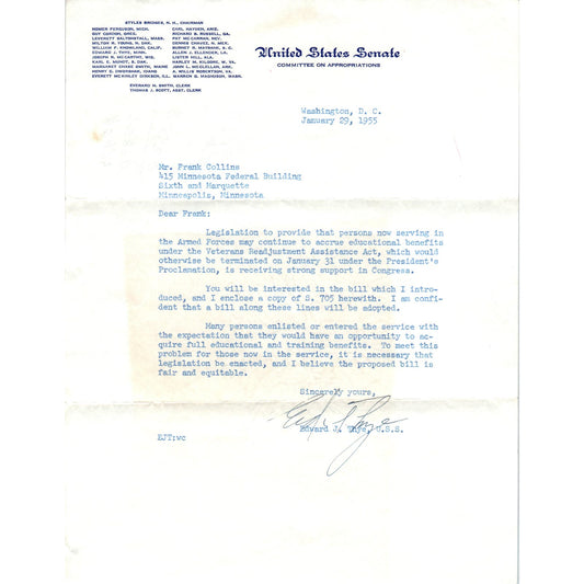 1955 United States Senate Committee on Appropriations Official Letterhead D9