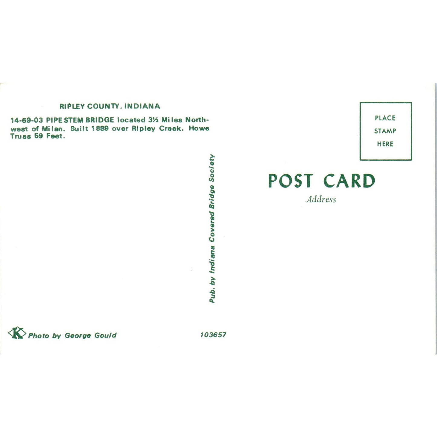 Ripley County Milan Indiana Pipestem Covered Bridge Postcard PB11