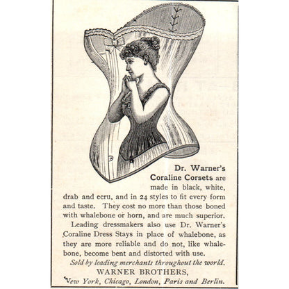 Dr. Warner's Coraline Corsets Warner Brothers c1890 Victorian Ad AE8-CH8