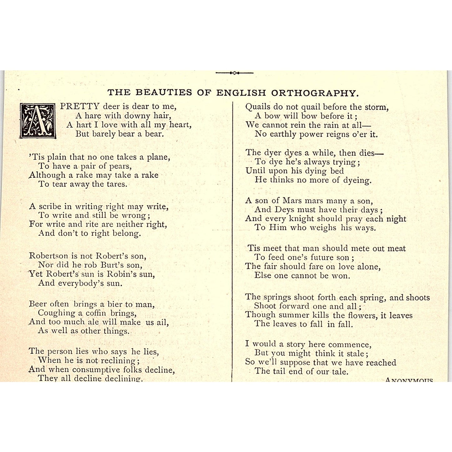 The Beauties of English Orthography - Anonymous 1884 Poem AG3-1