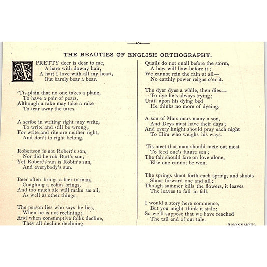 The Beauties of English Orthography - Anonymous 1884 Poem AG3-1